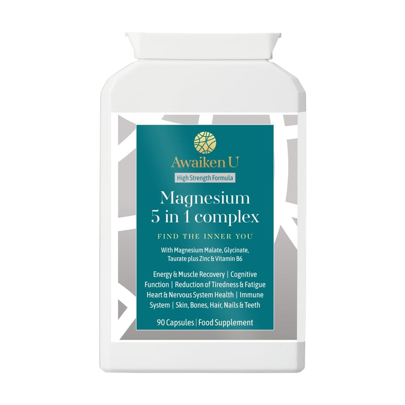Magnesium Glycinate 5 in1 Complex -Magnesium Glycinate, Malate and Magnesium Taurate Plus Vitamin B6 & Zinc-High Strength, High Absorption, Easy to swallow-90 Vegan caps -UK Made