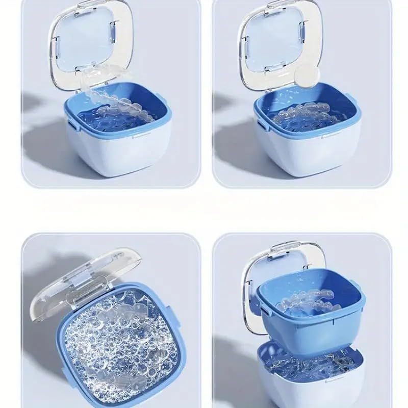 [Australia] - Denture Case Transparent Design Denture Cup with Removable Rinse Basket, Denture Case for Cleaning, Soaking, and Storing Dentures, Mouthguards and Orthodontic Retainers (Light blue) Light blue 