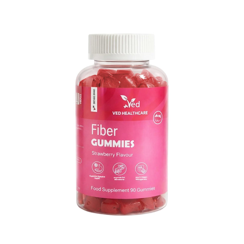 Fiber Vegan Gummies, 90 Gummies, 1 Month Supply, Strawberry Flavour, Vitamin B12 & B6, 3 Per Day, Gluten-Free - By VED