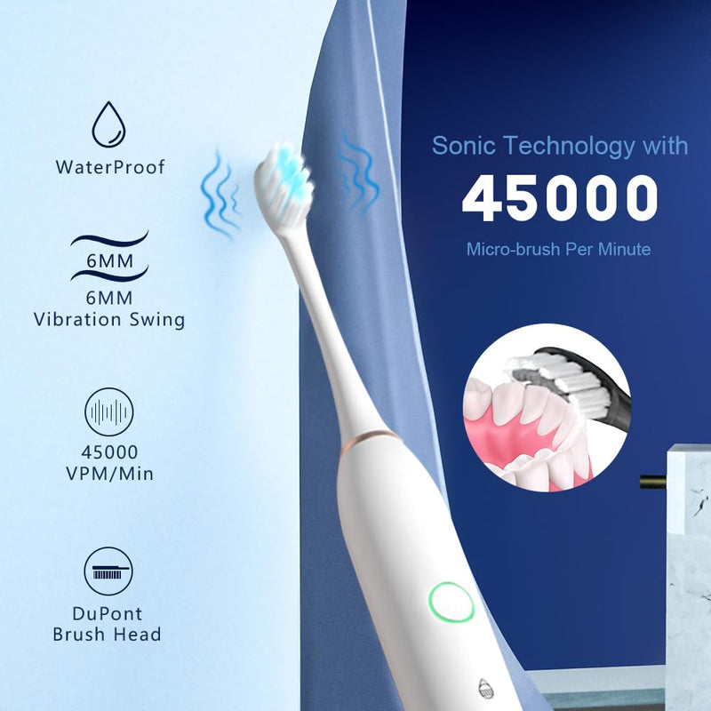 2 Pack Rechargeable Electric Toothbrushes for Adults and Kids, Whitening Tooth Brush with 8 Brush Heads, 6 Cleaning Modes and Smart Timer, Waterproof Cleaning Toothbrushes Set Black & White