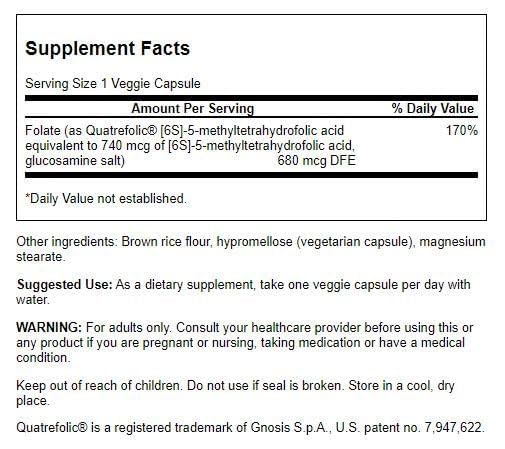 Swanson Folate (5-Methyltetrahydrofolic Acid) 400 mcg 30 Veg Capsules (4 Pack) 30 Count (Pack of 4)