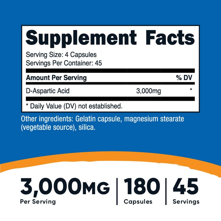 [Australia] - Nutricost D-Aspartic Acid (DAA) Capsules 3000mg Per Serving (180 Capsules) - Non-GMO 180 Count (Pack of 1) 