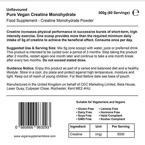 Vegan Creatine Powder | Creatine Monohydrate | No Dairy, No Gluten, No SOYA | 300g / 60 Servings