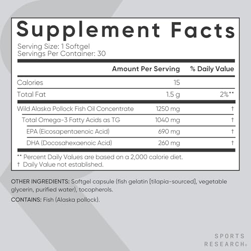 Sports Research® Triple Strength Omega-3 Fish Oil 1250mg from Wild Alaska Pollock, Vitamin D3 5000 IU with Coconut MCT Oil (125mcg) and Vegan Biotin 5000mcg Vitamin B7