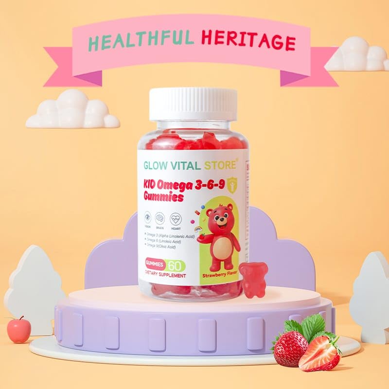 Kids Omega 3-6-9 Gummies – Plant-Based Brain, Eye & Heart Support – Strawberry Flavor – ALA, LA, Oleic Acid – Vegan, Gluten-Free, Non-GMO – 60 Gummies by Glow Vital Store (1) 1