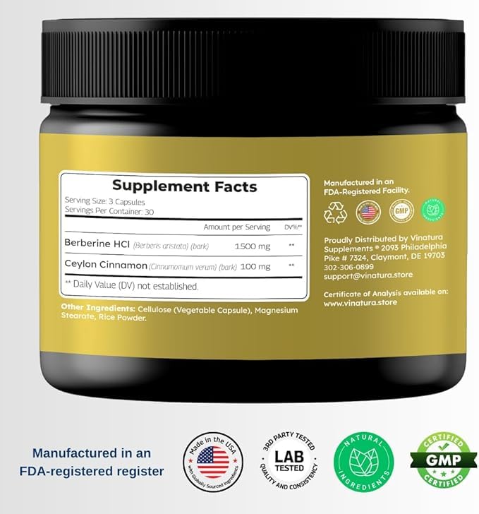[Australia] - Berberine 1500mg with Ceylon Cinnamon - USA MADE & TESTED - Max Potency Berberine Supplement with Berberine HCL - Immune System - 90 capsules 