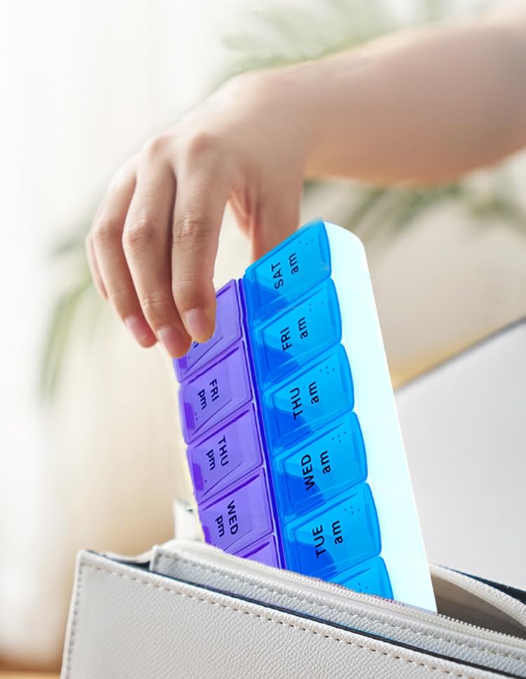 Weekly (14-Day) AM/PM Pill Organizer, 2 Times a Day Pill Case and Planner, Portable Vitamin Containers, Medicine Pill Box(Blue-Purple) Blue-purple