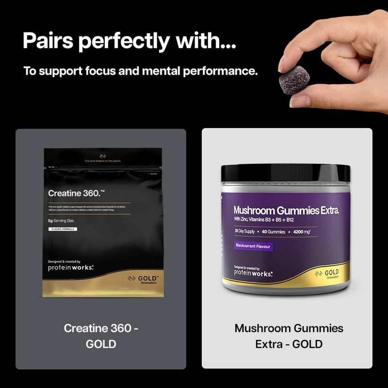 Mushroom Gummies Extra - GOLD Innovation, Potent Multi-Mushroom Complex, Lion's Mane, Reishi, Cordyceps, Chaga, Tremella, Maitake, Zinc, Vitamins B3, B5 & B12, 40 Gummies, Blackcurrant | Protein Works