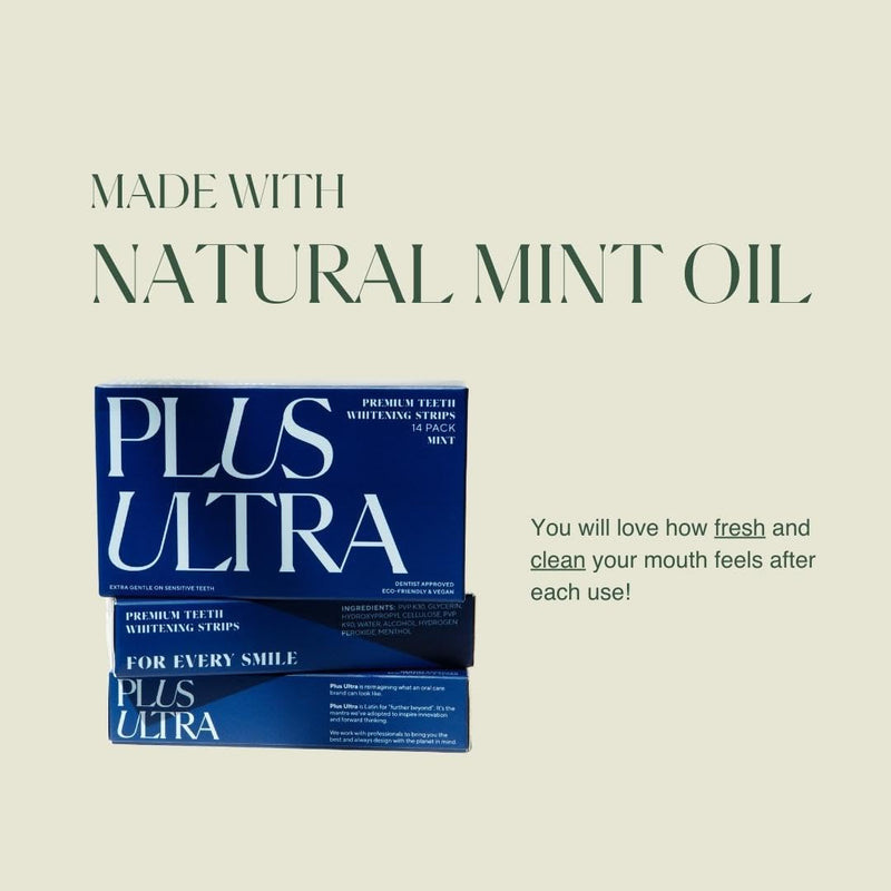 [Australia] - PLUS ULTRA Premium Teeth Whitening Strips, Eco-Friendly Vegan Stain Remover White Strips - Teeth Whitener for Coffee, Wine, Soda, and Other Stains - Mint - 28 Strips (14-Day Treatment) 