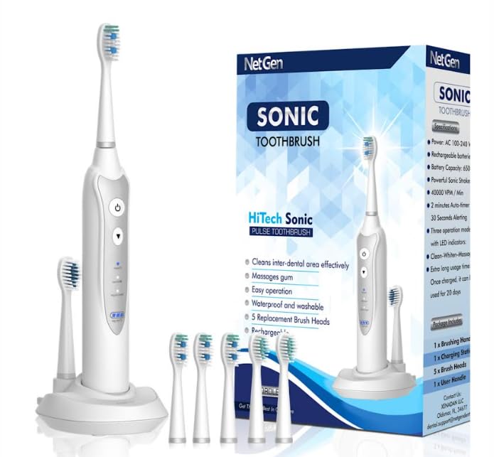 [Australia] - Sonic Electric Toothbrush for Adults with 5 Toothbrush Replacement Heads, 3 Brushing Modes & 2 Minutes Built-in Timer, Travel Toothbrushes with Inductive Charging, Rechargeable toothbrush | White 