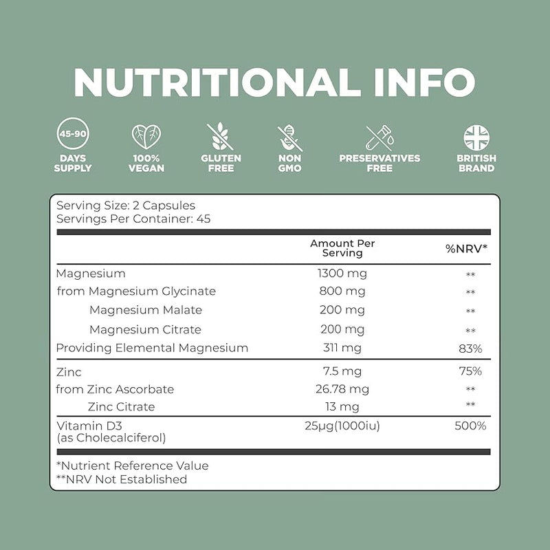 Magnesium Glycinate with Zinc & Vitamin D3 | 4 in 1 Complex | 1300mg Magnesium Supplements (Bisglycinate, Citrate & Malate) | 90 Vegan, Gluten-Free Capsules | High-Strength & Absorption