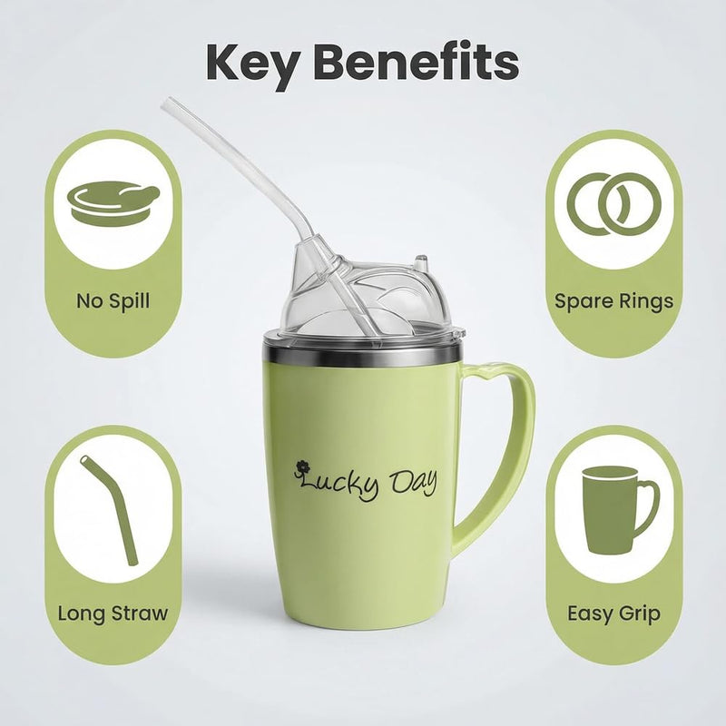 Adult Sippy Cup for Elderly, 3-in-1 Stainless Steel Non Spill Cups for Elderly with Long Flexible Straws & Dust Lid, Spill Proof Beaker 350ml
