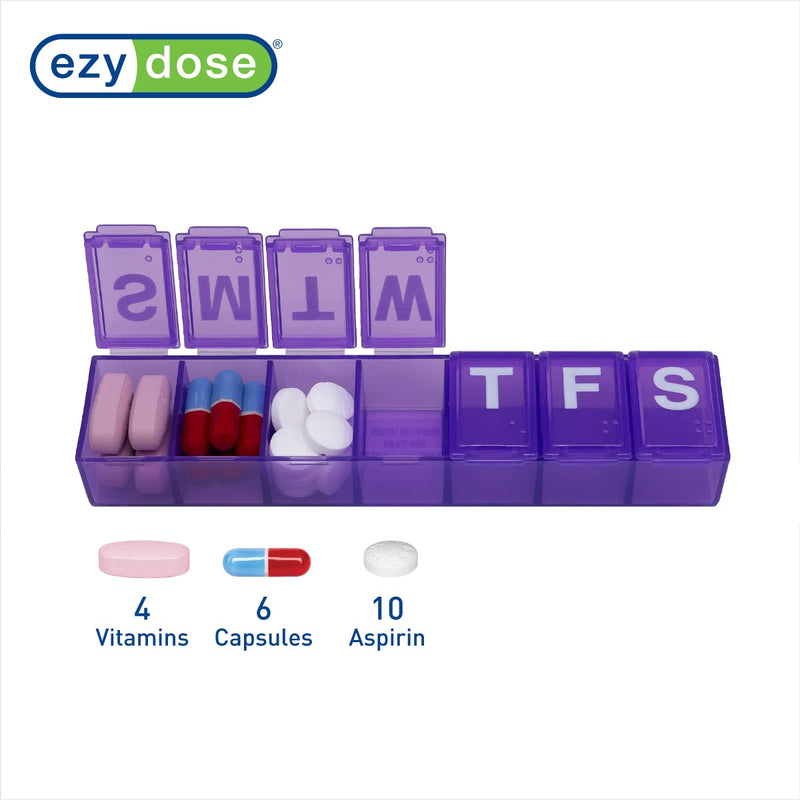 Ezy Dose Weekly (7-Day) Pill Organizer, Medium Planner, Purple, BPA-Free | Compact Daily Vitamin & Supplement Medicine Case, Pop Up Compartments, Convenient and Easy to Use, Travel-Friendly, BPA-Free