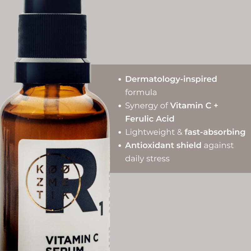 Vitamin C+Ferulic Acid Face Serum | Brightening Antioxidant Formula | Reduces the Appearance of Fine Lines & Wrinkles | Lightweight Fast-Absorbing Daily Serum | 100% Bioactive | R1 KØØZMETIK | 30ml R 1 Vitamin C Serum