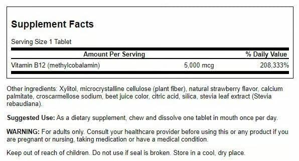 Swanson Vitamin B-12 Methylcobalamin, 5000 mcg, 60 Tablets, 2 Pack | High-Absorption Methylcobalamin, the Neurologically Active Form of B12, Supports Proper Red Blood Cell Formation 60 Count (Pack of 2)