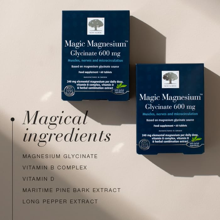 New Nordic Magnesium Glycinate, 600 mg Extra Strength, Sleep & Muscle Support for Women & Men, Pine Bark & Long Pepper Extract, 60 Tablets (Pack of 1) 60 Tablets (Pack of 1)
