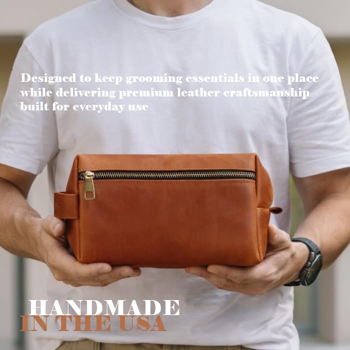 Leather Toiletry Bag for Men Handmade in USA – Full Grain Genuine Leather Dopp Kit with Waterproof Lining for Travel and Toiletries – Gifts for Men, Dad, Husband, Boyfriend, Friend