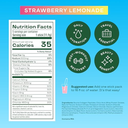 Bloom Nutrition Hydration Electrolyte Sticks, Strawberry Lemonade, 10 Count | Electrolytes with Collagen, 5g Protein, Vitamins & Minerals, Sugar Free Drink Mix 5 Servings (Pack of 2)