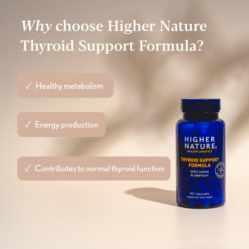 Higher Nature Thyroid Support Formula with Iodine, Selenium, Vitamin C, B12 & Iron - for Reduction of Tiredness & Fatigue - Vegan Thyroid Support Supplement for Women & Men - 60 Capsules