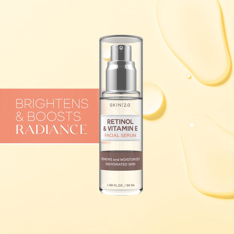 Skin 2.0 Retinol & Vitamin E Face Serum - 1.69 Fl. oz, Cruelty-Free, Reduces Acne Scars, Wrinkles, Anti-Aging, Skin Renewal, Hydrating, Korean Beauty Retinol and Vitamin E