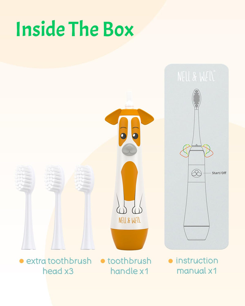 [Australia] - NELL&WELL [UPGRADE] Kids Electric Toothbrush with 2mins Brushing Timer, Battery Powered Toothbrushes with 3 Soft Bristles Heads for Children Boys and Girls Ages 3+, IPX7 Waterproof, BPA Free (Yellow) Yellow Dog 