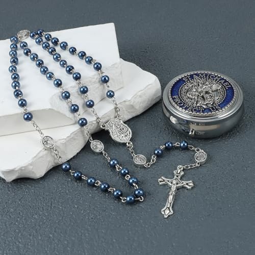 Saint Michael the Archangel Blue Pearl Beads Catholic Rosary Necklace