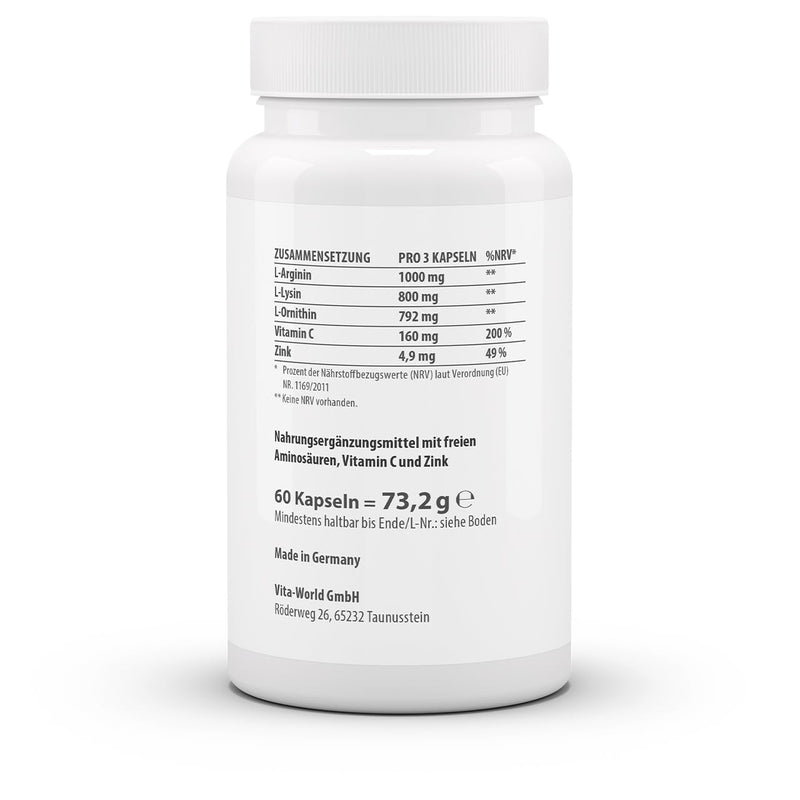 [Australia] - vitaworld Arginine-Ornithine-Lysine + C + Zinc, per daily intake contains 1000 mg of L-arginine and L-ornithine, as well as 800 mg of L-lysine, vegan, 60 capsules 