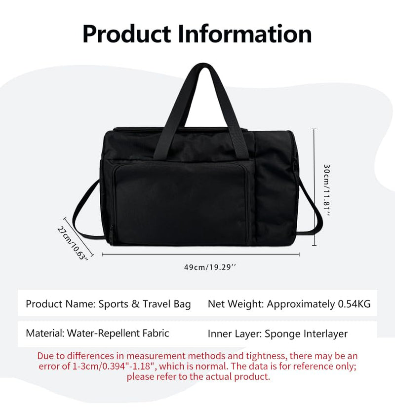 SSZYace Black Travel Bag, Waterproof Duffel Bag with Separate Shoe Compartment, Laptop Sleeve, Luggage Strap & Front Waterproof Pocket for Wet Clothes
