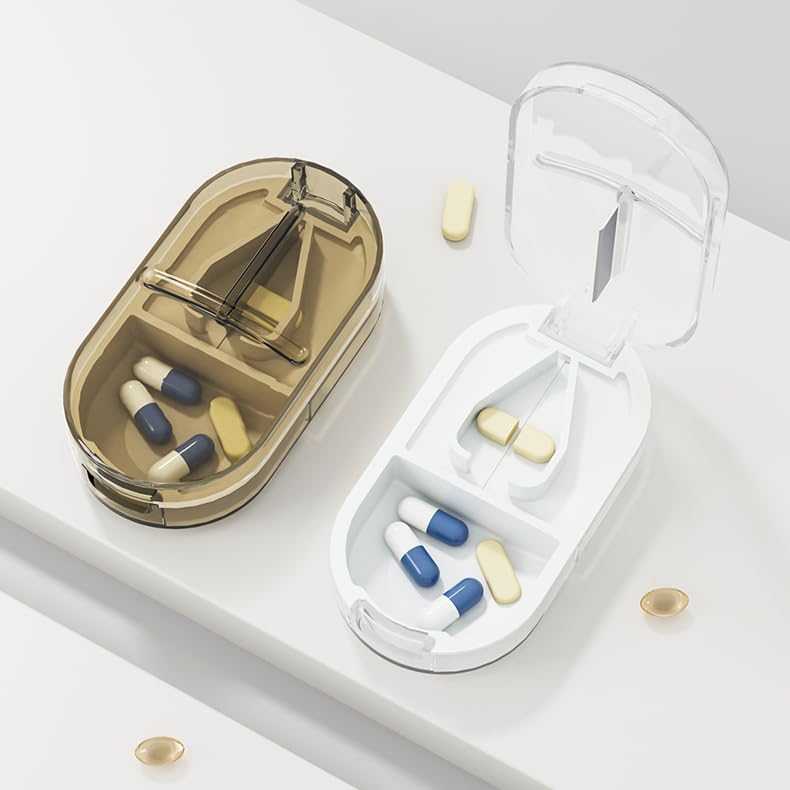 Travel Pill Organizer, 2-in-1 Small Portable Tablet Splitter Box | Tablet Cutter Pill Case for Cut Pills, Medication, Vitamin, Fish Oil, Supplement, Capsule Sorter, Transparent Brown Container