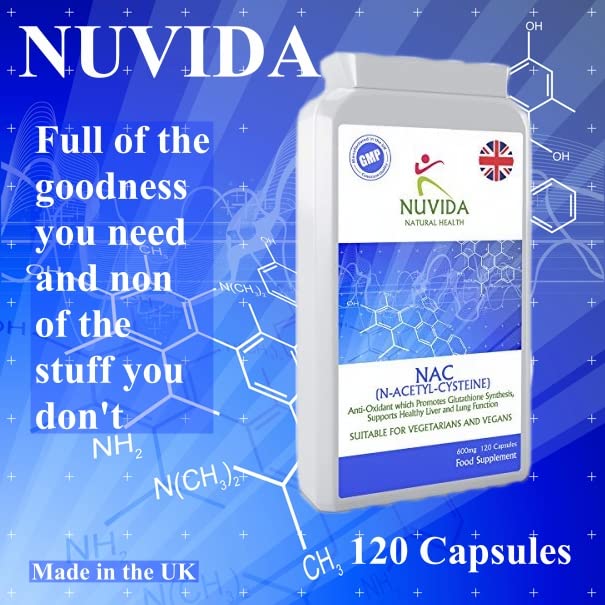 Nuvida High Strength N-Acetyl-Cysteine 600mg -120 Vegan NAC Capsules - N Acetyl Cysteine Amino Acid with High Bioavailability and Allergen Free