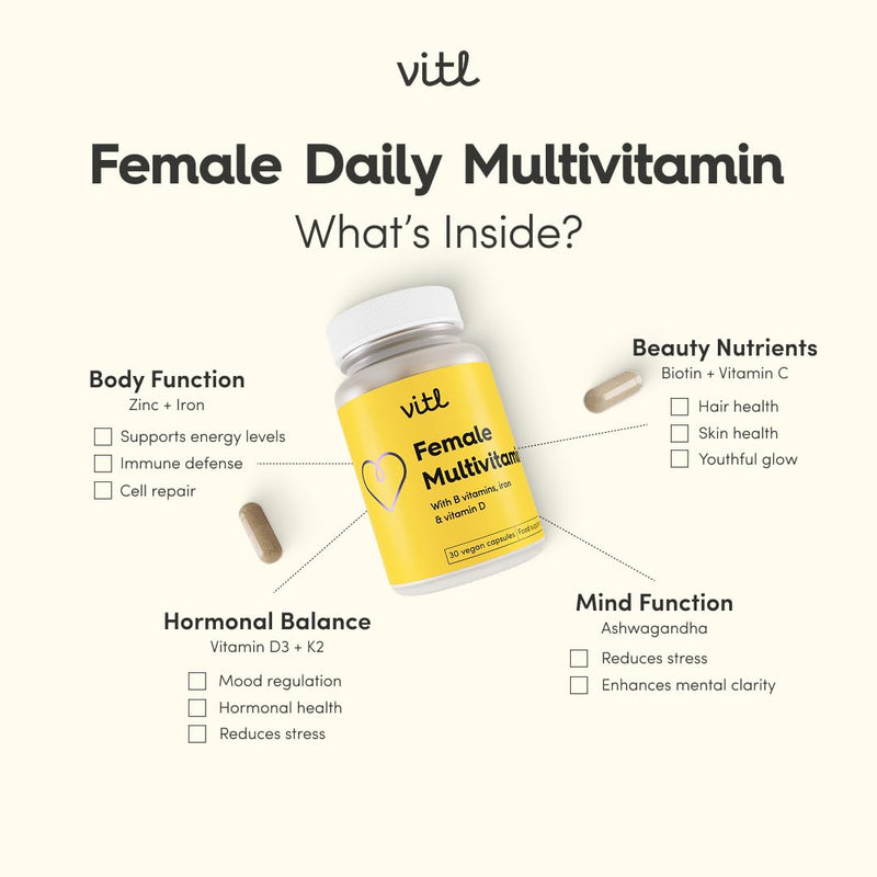 Vitl Female Multivitamin & Minerals Supplement - 30 Vegan Capsules - 21 Essential Active Vitamins & Minerals - with Vitamin D3, Vitamin B, Vitamin C, Vitamin E, Folic Acid & Iron - 1 Month Supply