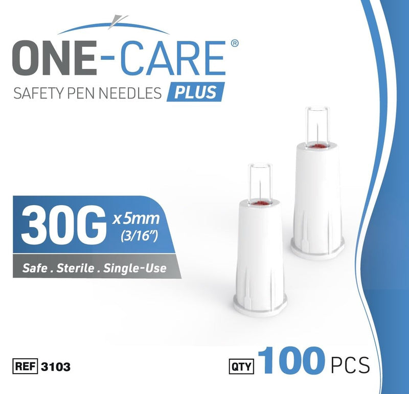 [Australia] - ONE-CARE Plus Safety Pen Tips 30G x 5mm, Comfort, Universal Design, Box of 100 