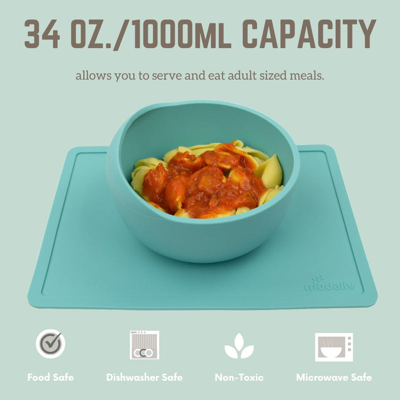 [Australia] - Modaliv 34oz Adult Scooper Bowl with Suction Base – Adaptive Silicone Placemat for Stroke Recovery, Elderly, or Disabled – Microwave & Dishwasher Safe – Non-Slip Feeding Aid (Turquoise) Turquoise 