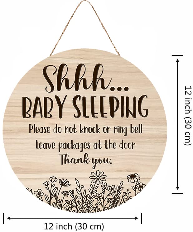 [Australia] - Shhh... Baby Sleeping Hanging Sign Plaque, Do Not Knock Or Ring The Bell, Round Sturdy Wooden Door Hanger for Baby Room, Nursery, Kindergarten, Bedroom, Door Knob Decor 12In 