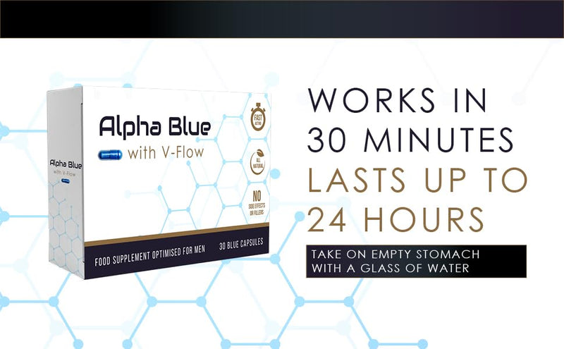 Alpha Blue with V Flow | Optimised for Men | 30 Capsules | Fast Acting | All Natural | No Side Effects or Fillers | Ginseng | Ashwagandha | Maca | Ginger | V Pill 30 count (Pack of 1)