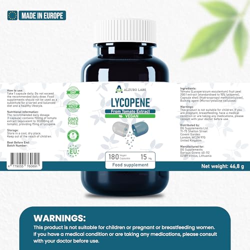 Lycopene 15mg | High Strength 200:1 Tomato Extract, Standardised to 10% | 180 Vegan Capsules | Antioxidant Support | GMP & 3rd Party Lab Tested