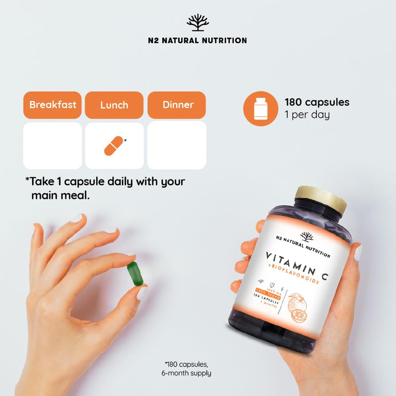 Vitamin C Tablets 1000mg High Dose + Bioflavonoids - High Strength Natural VIT C Complex Adults Ascorbic Acid - Immune Support. 180 Capsules. N2 Natural nutrition