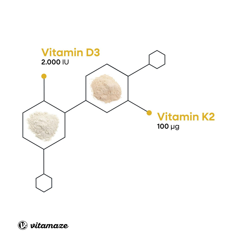 Vitamaze® Vitamin D3 K2 high dose, 2000 IU Vitamin D3 + 100 mcg Vitamin K2 MK7 All Trans, 240 Tablets Vitamin D Without Unnecessary additives, Made in Germany