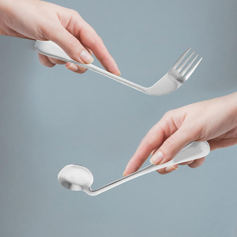 [Australia] - Curved Fork Spoon 1 Set of Angled Fork and Spoon Stainless Steel Elderly Left Handed Anti Shake Eating Utensils Self-feeding Learning Bendable Handle Silverware Angled 