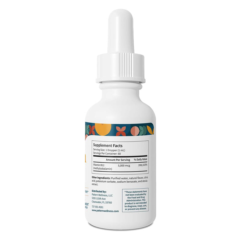 Pattern Wellness Vitamin B12, Vegan Citrus Flavor – 2 fl. oz (60mL) | 5000 mcg – Sublingual Liquid Drops – Methylcobalamin, Supports Energy & Immune Health – 3rd Party Lab Tested 2 Fl Oz (Pack of 1)