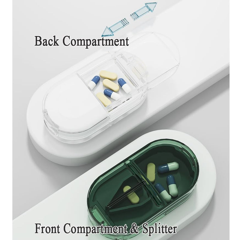 Travel Pill Organizer Cutter Box, 2 Compartments Tablet Splitter | Daily Pill Case, Small Vitamin Planner Sorter for Pocket Purse, Mini Medicine Supplement Fish Oil Capsule, Transparent Green Grey