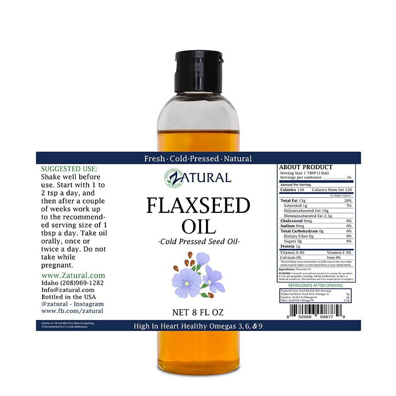 [Australia] - Zatural Flaxseed Oil Organically Grown 100% Pure Flax Seeds Cold Pressed Vegan Omega Fatty Acids (8oz) 8 Ounce (Pack of 1) 