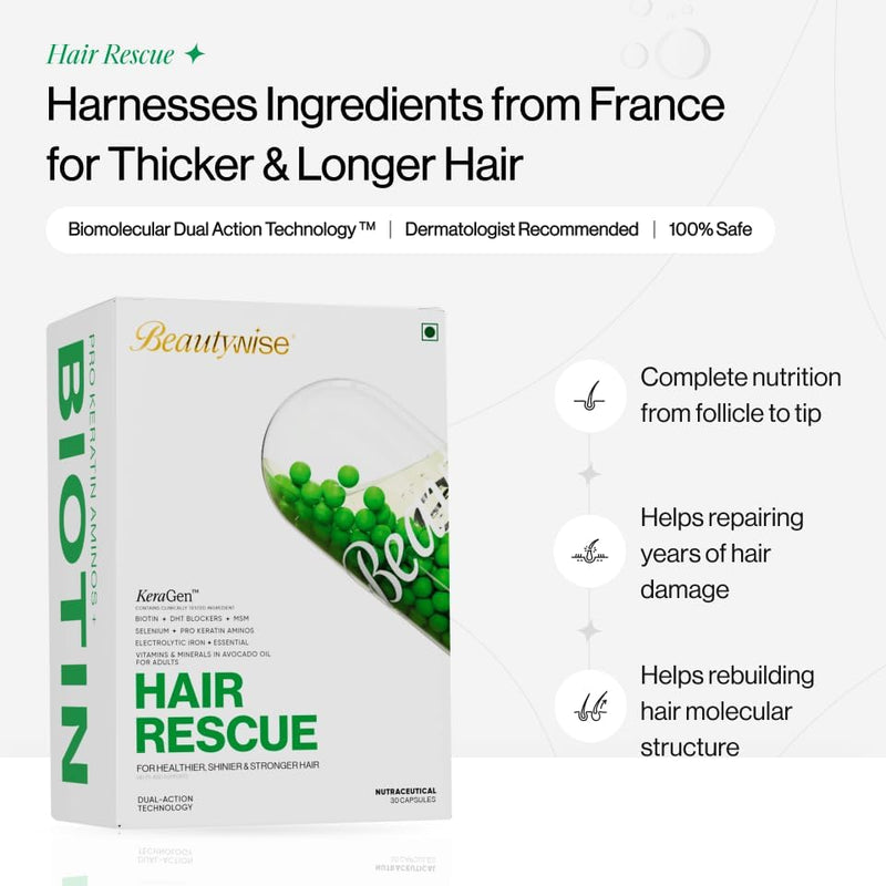 Beautywiseshop Hair Rescue Capsules | Biotin, Pro Keratin Amino Acids & DHT Blocker Blend | Supports Hair Strength & Thickness | Dual Action Hair Care Supplement for Men & Women 30 count (Pack of 1)