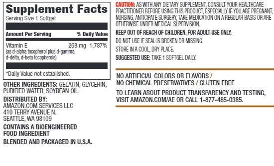 Amazon Elements Vitamin E, 400 IU, 100 Softgels, 100 days of supply (Packaging may vary) 100 Count (Pack of 1)