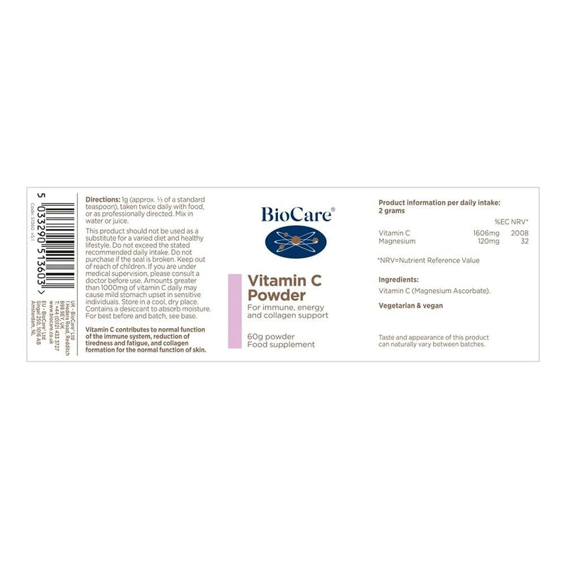 BioCare Vitamin C Powder - High Potency, Low Acid Magnesium Ascorbate for Immune, Energy, Skin and Collagen Support - 60g 60 g (Pack of 1)