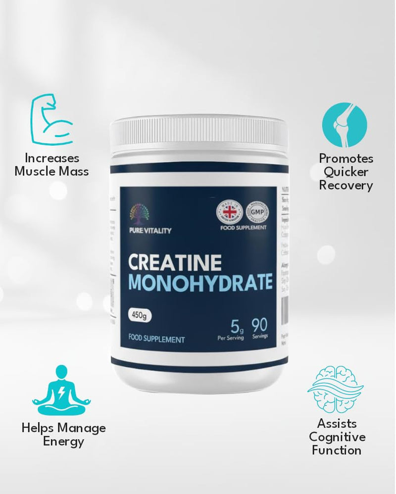 Pure Vitality | Creatine Monohydrate Powder - 450g - Easy Dissolve Creatine Powder, Unflavoured & Micronised | Vegan Creatine for Women and Men | Made in THE UK | Scoop Included