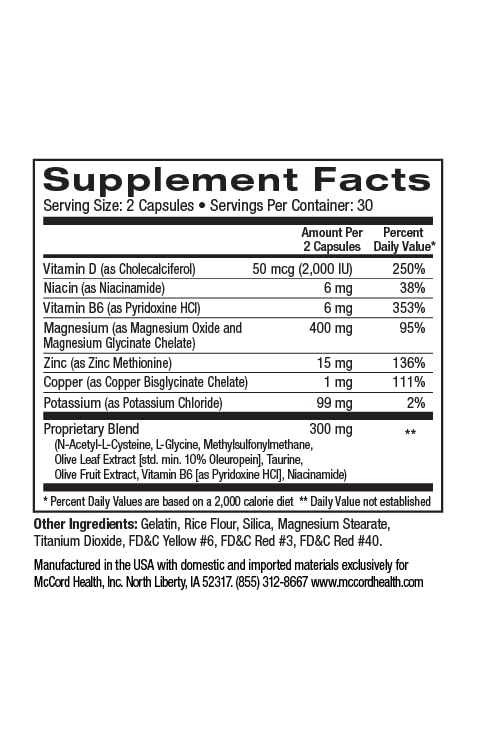 McCord VitalBoost Energy, Memory & Immunity Supplement with Vitamin D3, Magnesium, Zinc, Potassium & Olivamine, Supports Heart, Bone, Cognitive & Immune Health, Gluten-Free, 60 Capsules