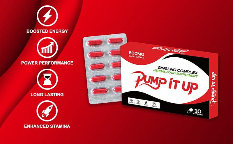 PUMP IT UP RED 500mg | Stronger | Longer | Harder | Performance | Extra Strength Enhancing Pills, Stamina Endurance Booster Supplement Pills for Men | 10 Ginseng LIBIDO Booster Capsules