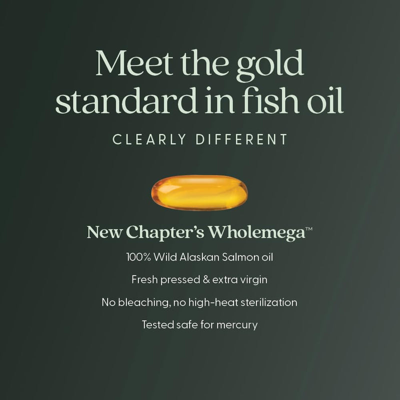 New Chapter Wholemega Fish Oil Supplement - 2000mg per Serving, Clinically Proven Wild Alaskan Salmon Oil with Omega-3 + Vitamin D3 + Astaxanthin, 120 Softgels Unflavored 120 Count (Pack of 1)