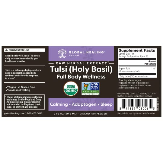 [Australia] - Global Healing Organic Tulsi (Holy Basil Leaf Extract) Vegan Liquid Supplement Drops (Organic basil) - Bioavailable Herb for Normal Stress Response, Natural Energy & Immune Support - 2 Fl Oz Tincture 